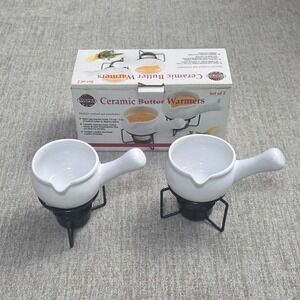 Norpro Ceramic Butter Warmers Set of 2 White Dipping Cups Seafood